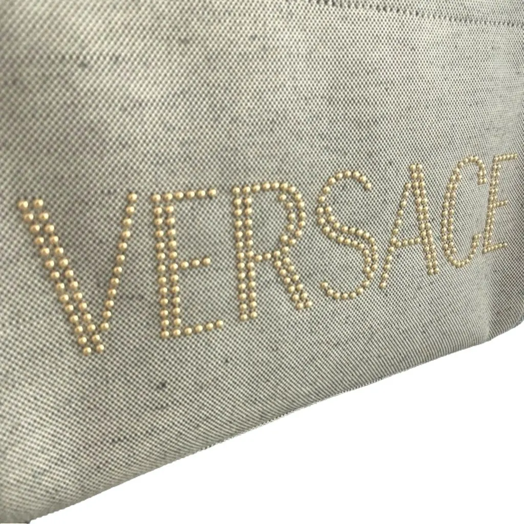 Versace Studded Logo Mini Tote Ecru Canvas Crossbody Bag Gold Hardware Silver Leather Never worn - Back View
