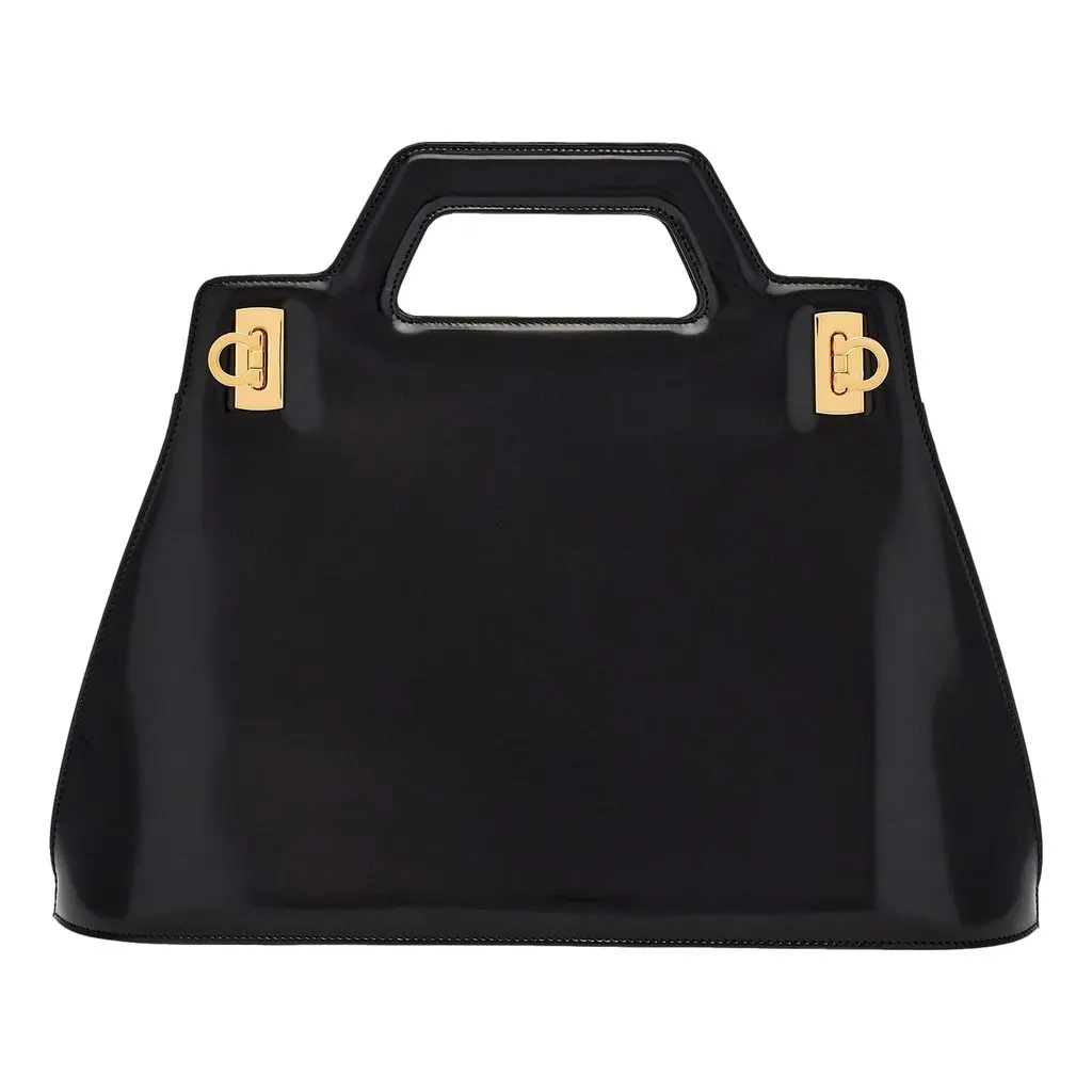 Salvatore Ferragamo Wanda Black Patent Leather Top Handle Handbag Black Leather Never worn - Front View