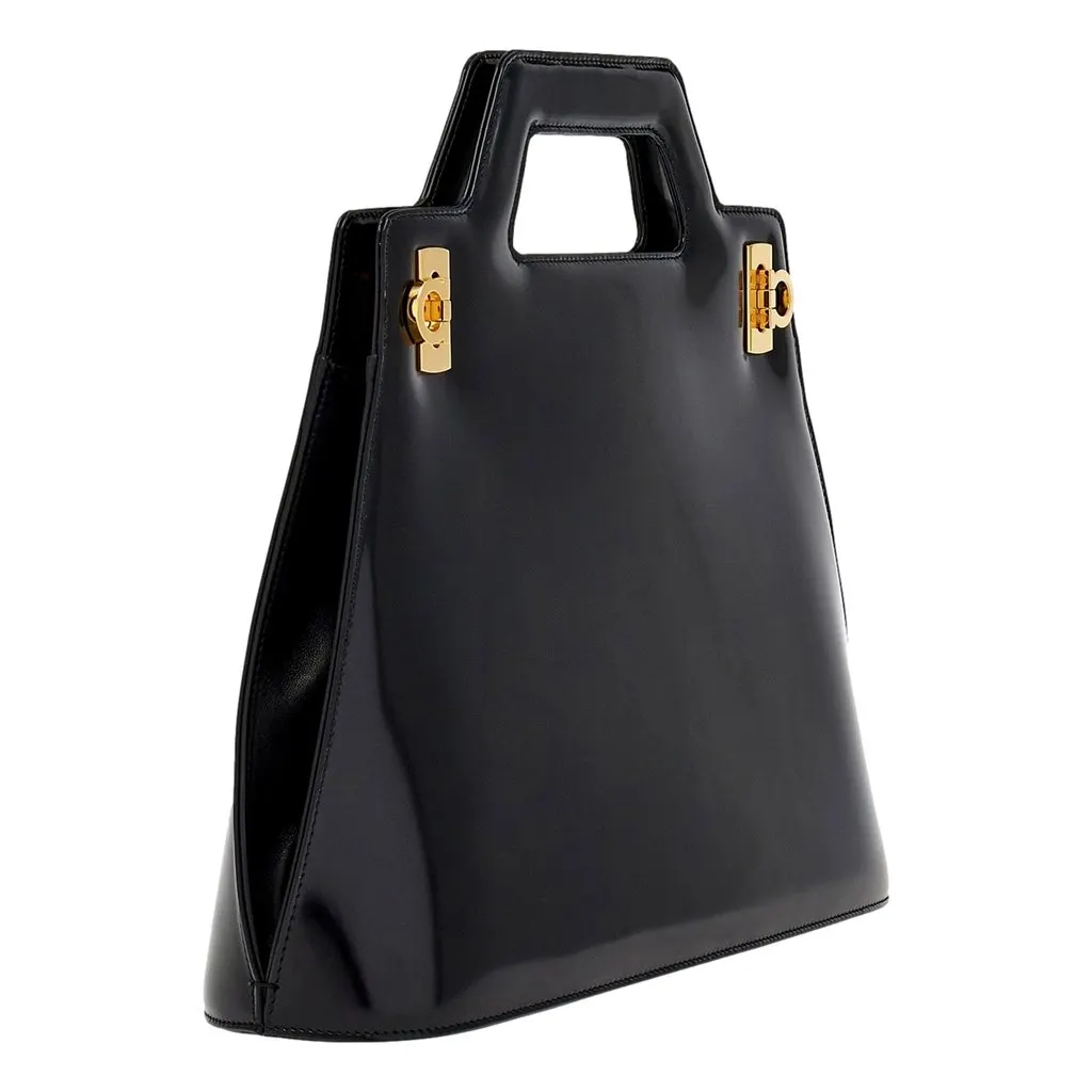 Salvatore Ferragamo Wanda Black Patent Leather Top Handle Handbag Black Leather Never worn - Inside View