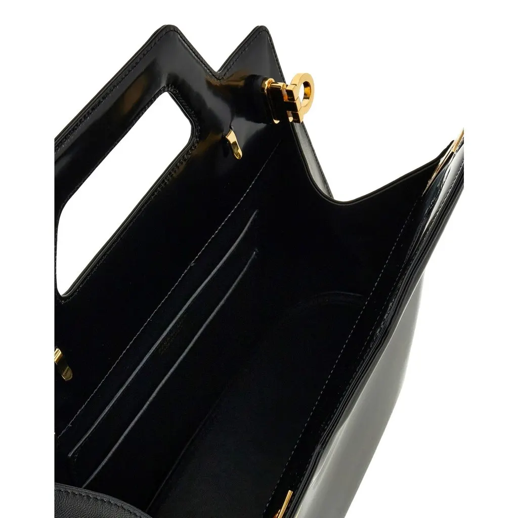 Salvatore Ferragamo Wanda Black Patent Leather Top Handle Handbag Black Leather Never worn - Model View