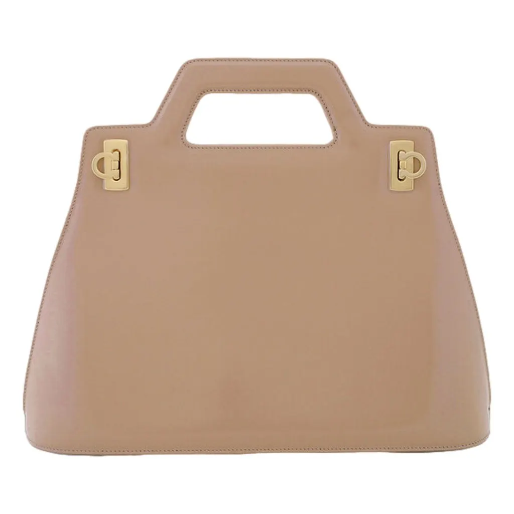 Salvatore Ferragamo Wanda Beige Patent Leather Top Handle Handbag Brown Leather Never worn - Front View