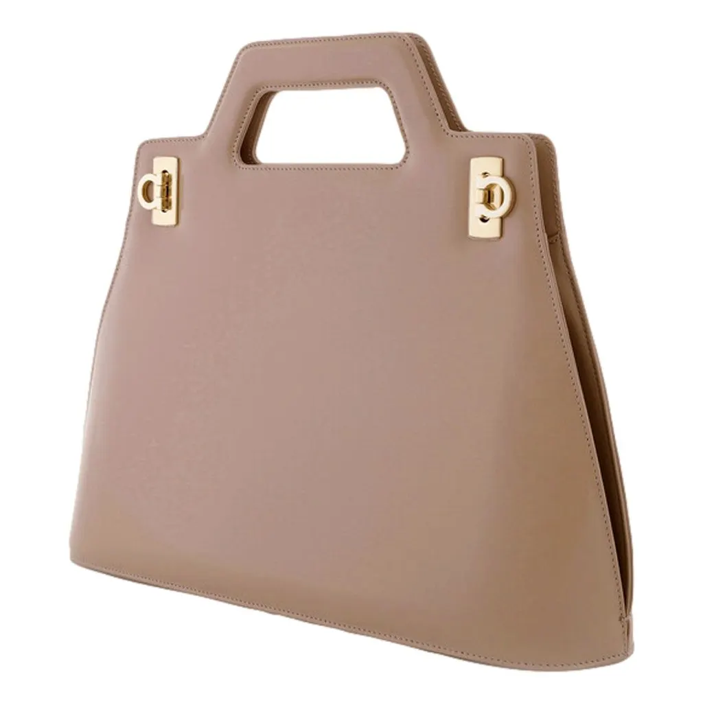 Salvatore Ferragamo Wanda Beige Patent Leather Top Handle Handbag Brown Leather Never worn - Back View