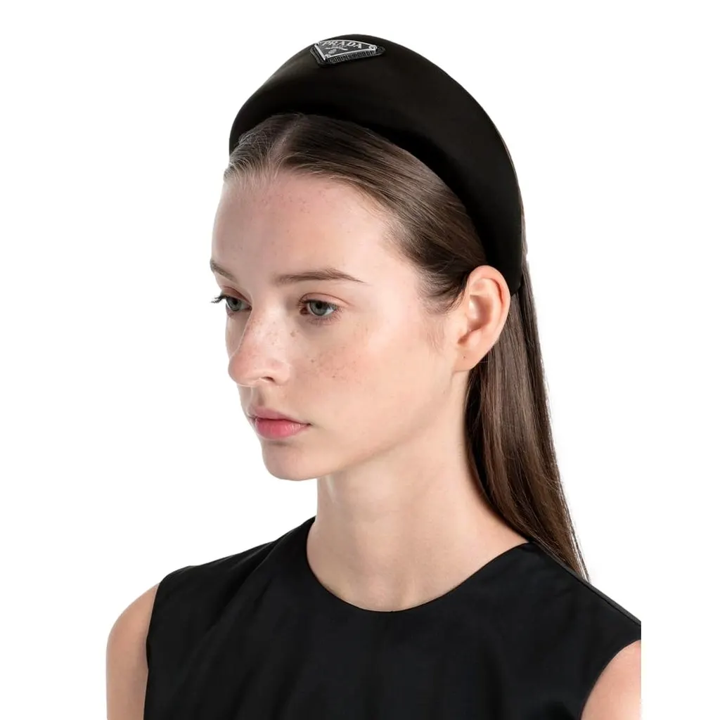 Prada Black Tessuto Nylon Padded Headband with Triangle Logo Black Polyamide Never worn - Model View