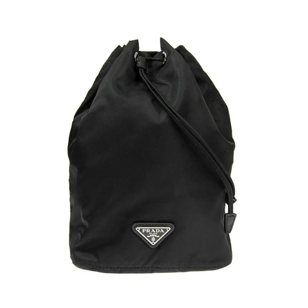 Prada Black Tessuto Nylon Triangle Logo Drawstring Bucket Bag MultiColor Polyamide Never worn - Front View