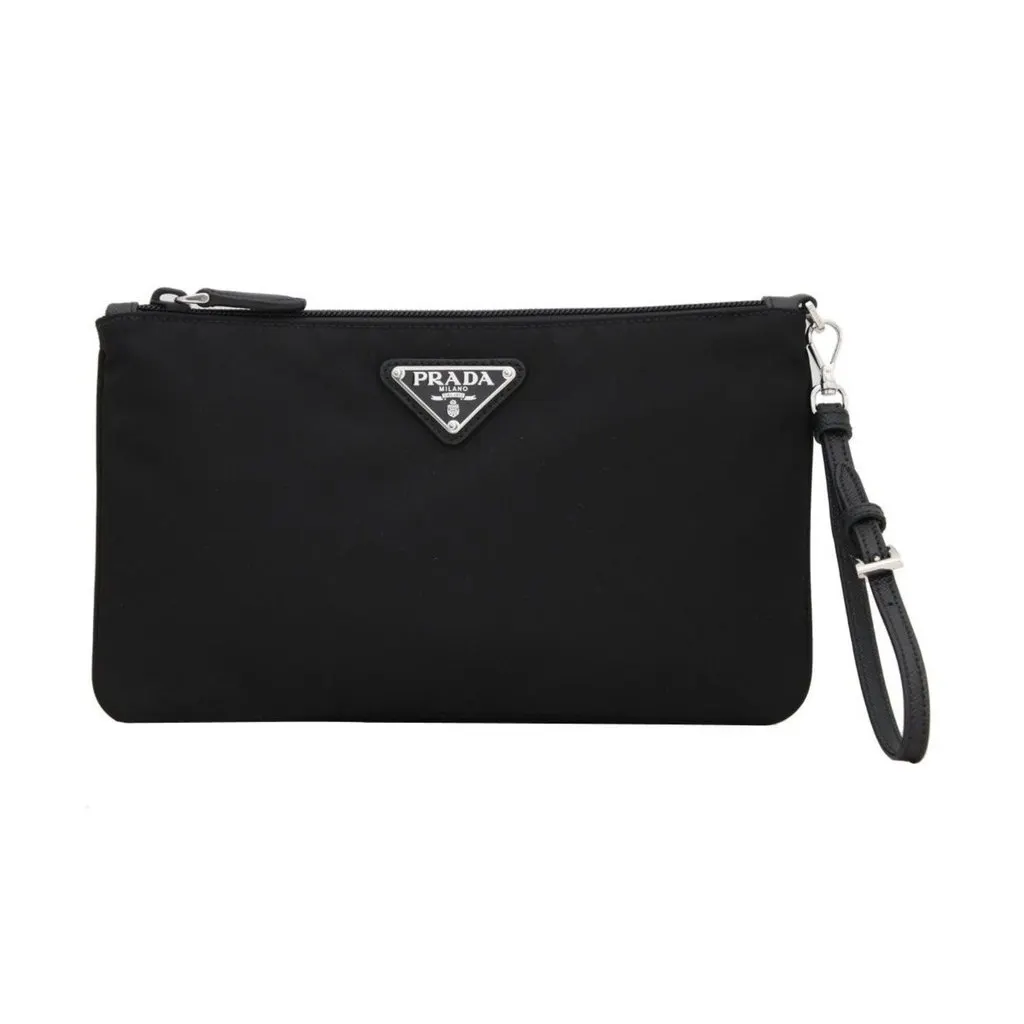 Prada Tessuto Nylon Black Triangle Logo Wristlet Clutch Pouch Bag Black Leather Never worn - Front View