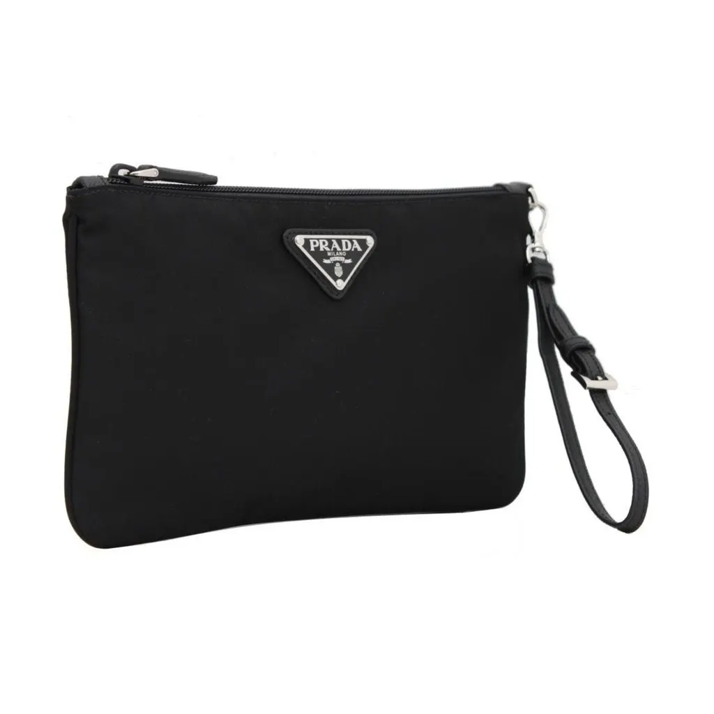 Prada Tessuto Nylon Black Triangle Logo Wristlet Clutch Pouch Bag Black Leather Never worn - Back View