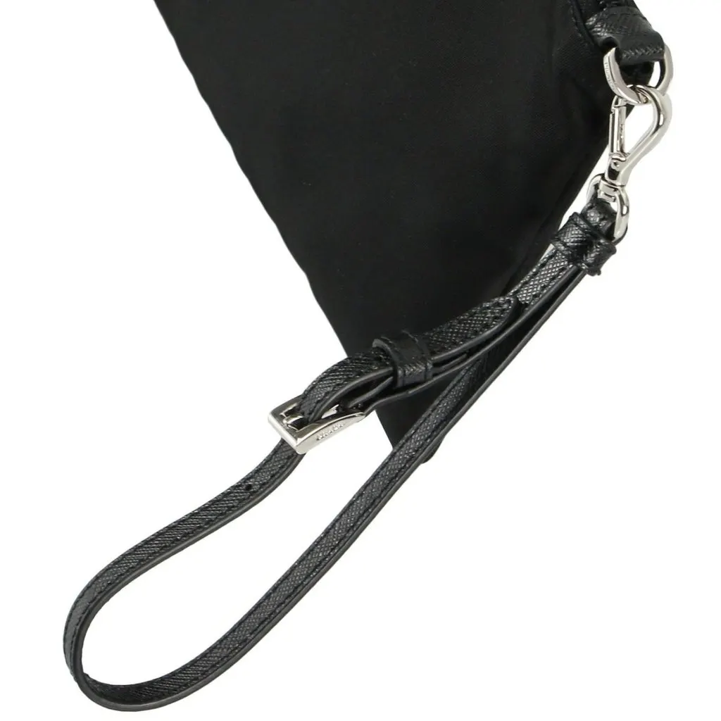Prada Tessuto Nylon Black Triangle Logo Wristlet Clutch Pouch Bag Black Leather Never worn - Model View