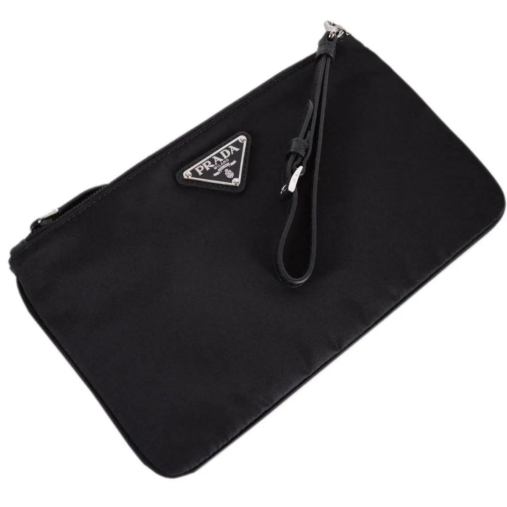 Prada Tessuto Nylon Black Triangle Logo Wristlet Clutch Pouch Bag Black Leather Never worn - Box View