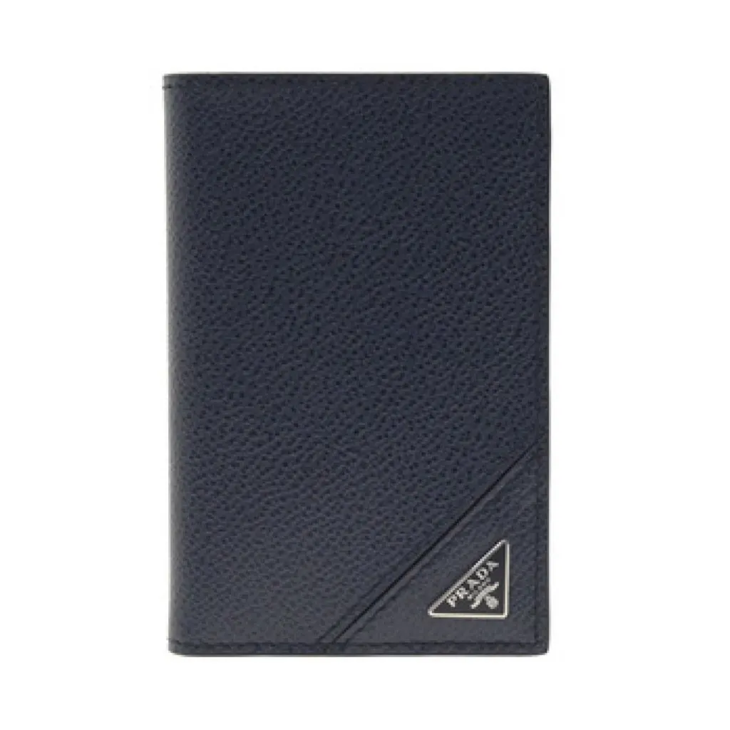 Prada Vitello Grain Blue Leather Triangle Logo Vertical Bifold Wallet Blue Leather Never worn - Front View