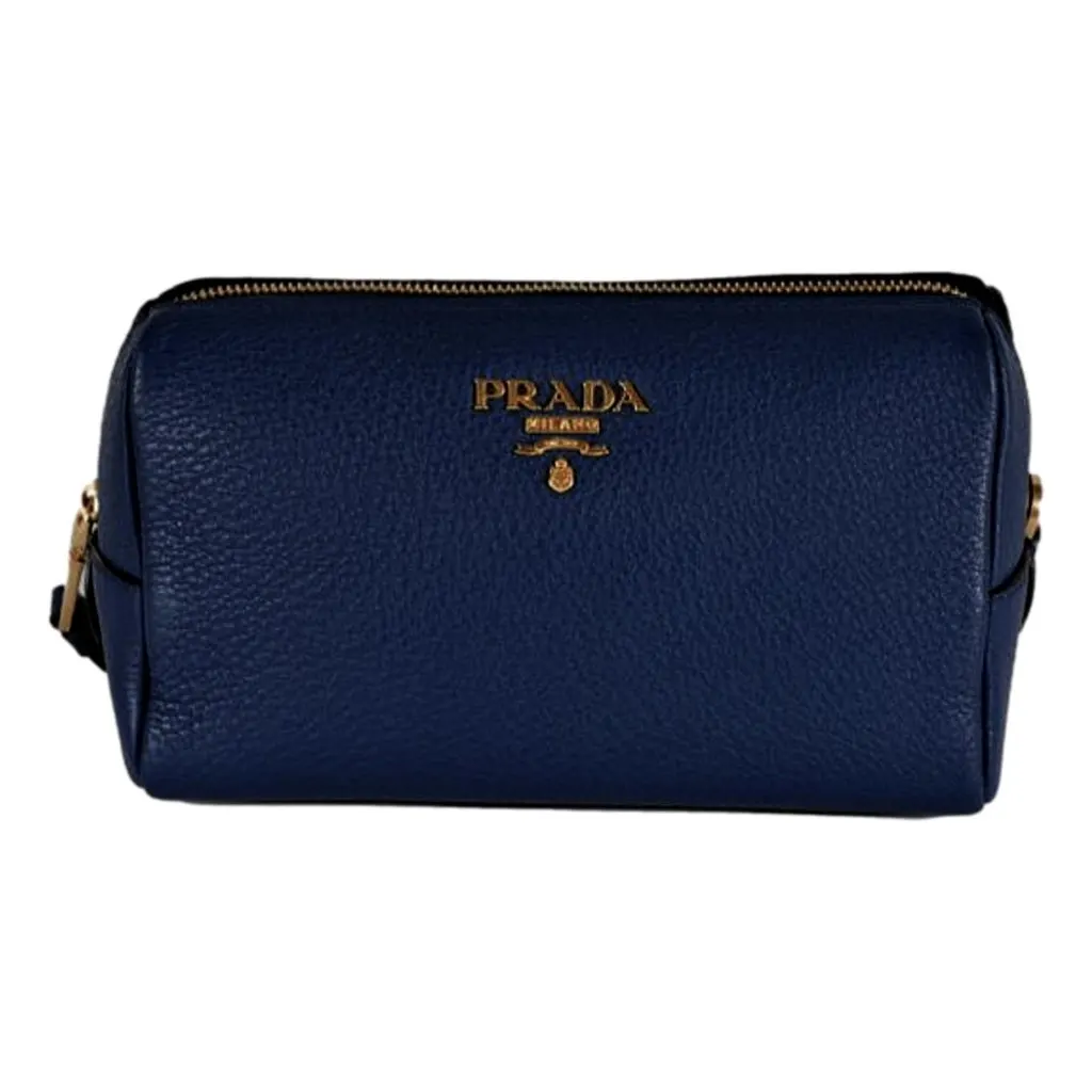 Prada Contenitore Baltico Navy Blue Vitello Daino Vanity Case Blue Leather Never worn - Front View