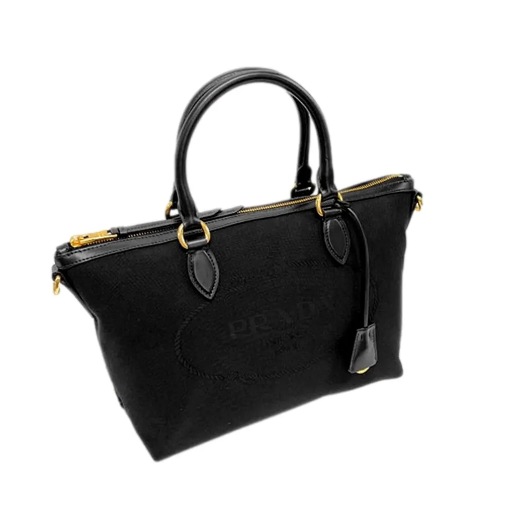 Prada Prada Logo Jacquard Black Canvas Satchel Crossbody Bag Gold Hardware Black Leather Never worn - Back View