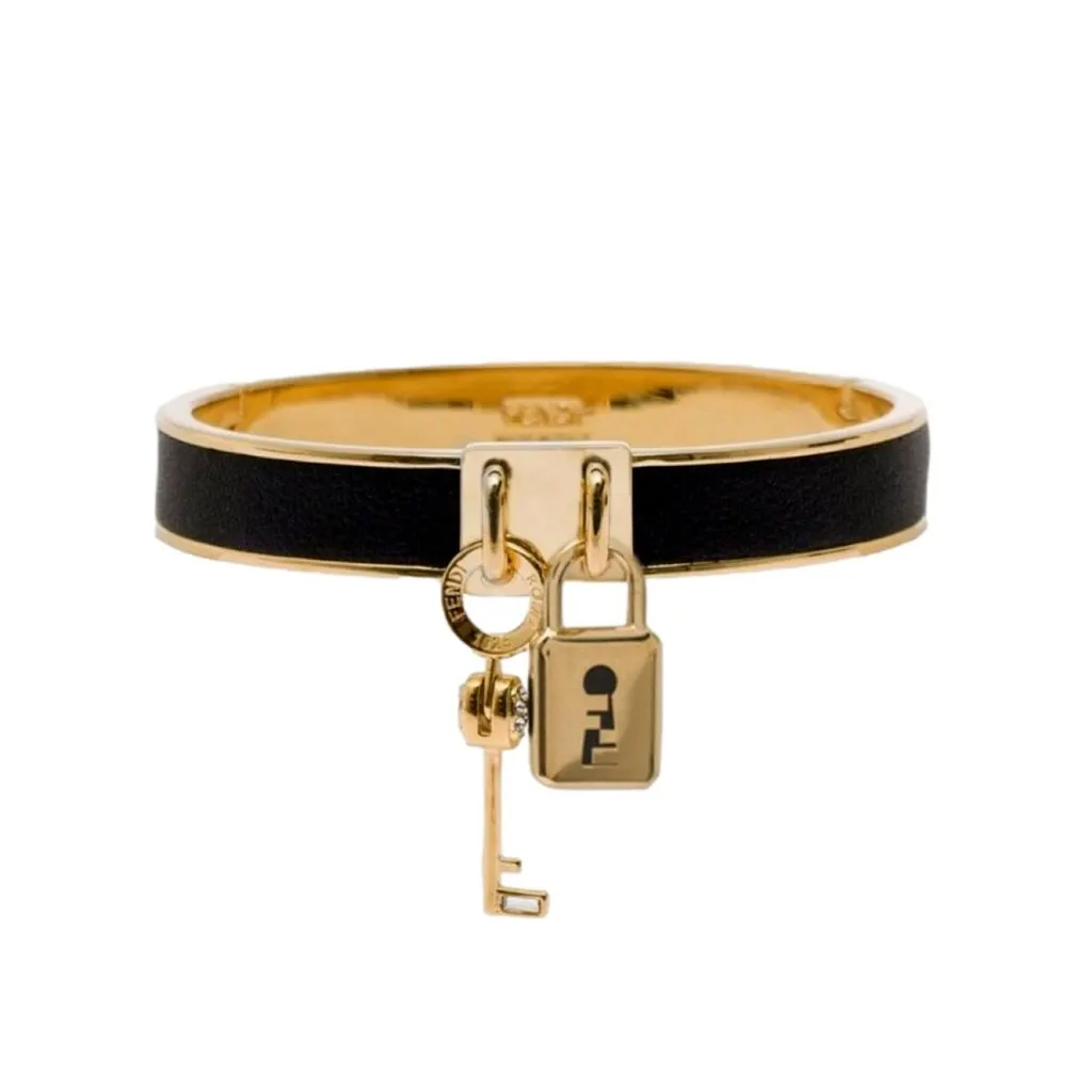 Fendi Master Key Black Leather Gold Small Bracelet Gold Leather Never worn - Front View
