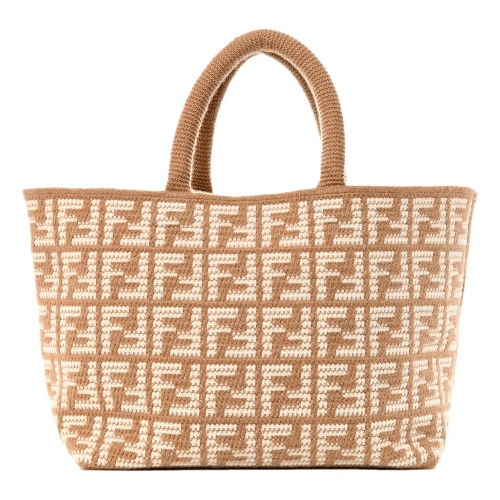 Fendi FF Cammello Large Shopper Tote Beige Knitted Cashmere Bag Brown Wool Never worn - Front View