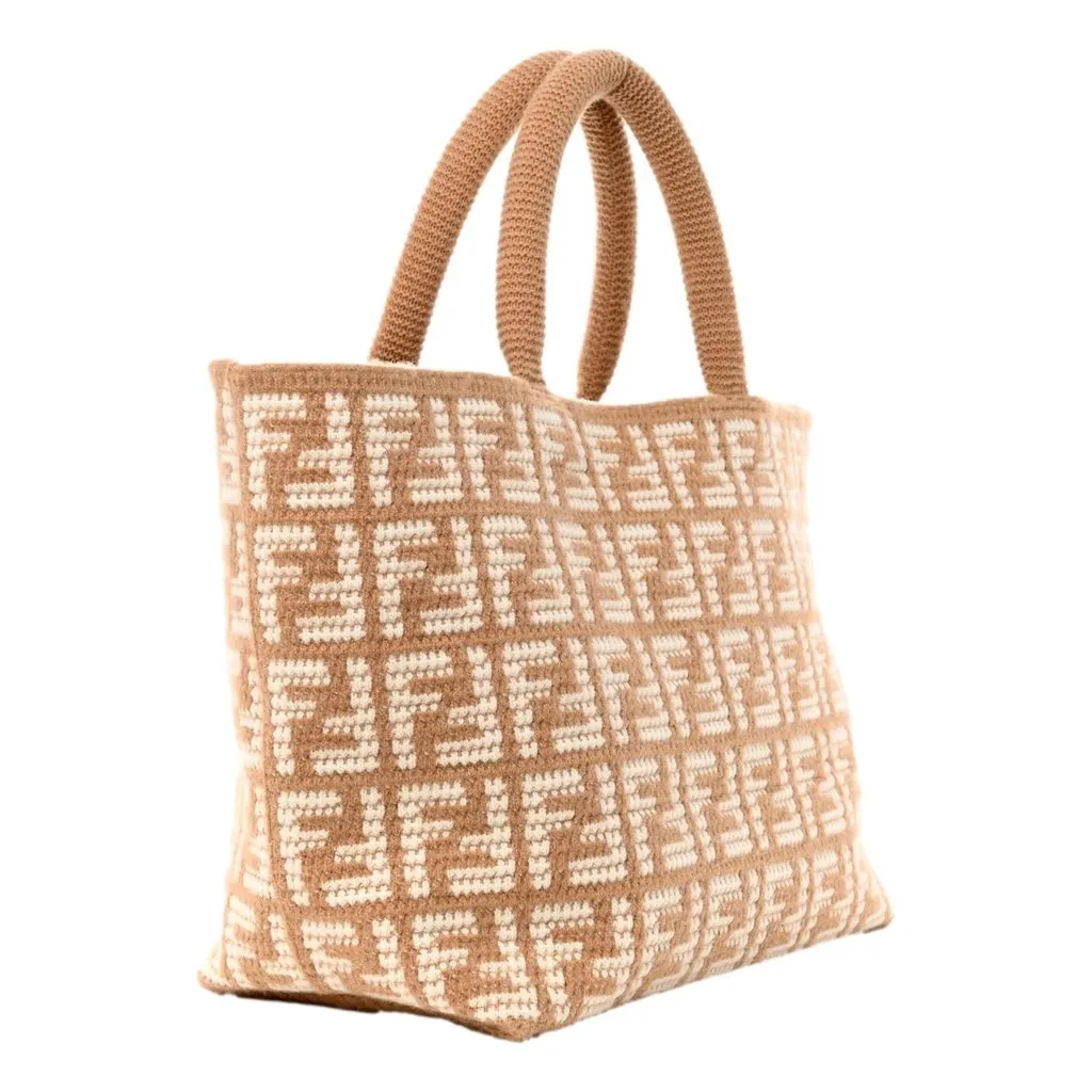 Fendi FF Cammello Large Shopper Tote Beige Knitted Cashmere Bag Brown Wool Never worn - Back View