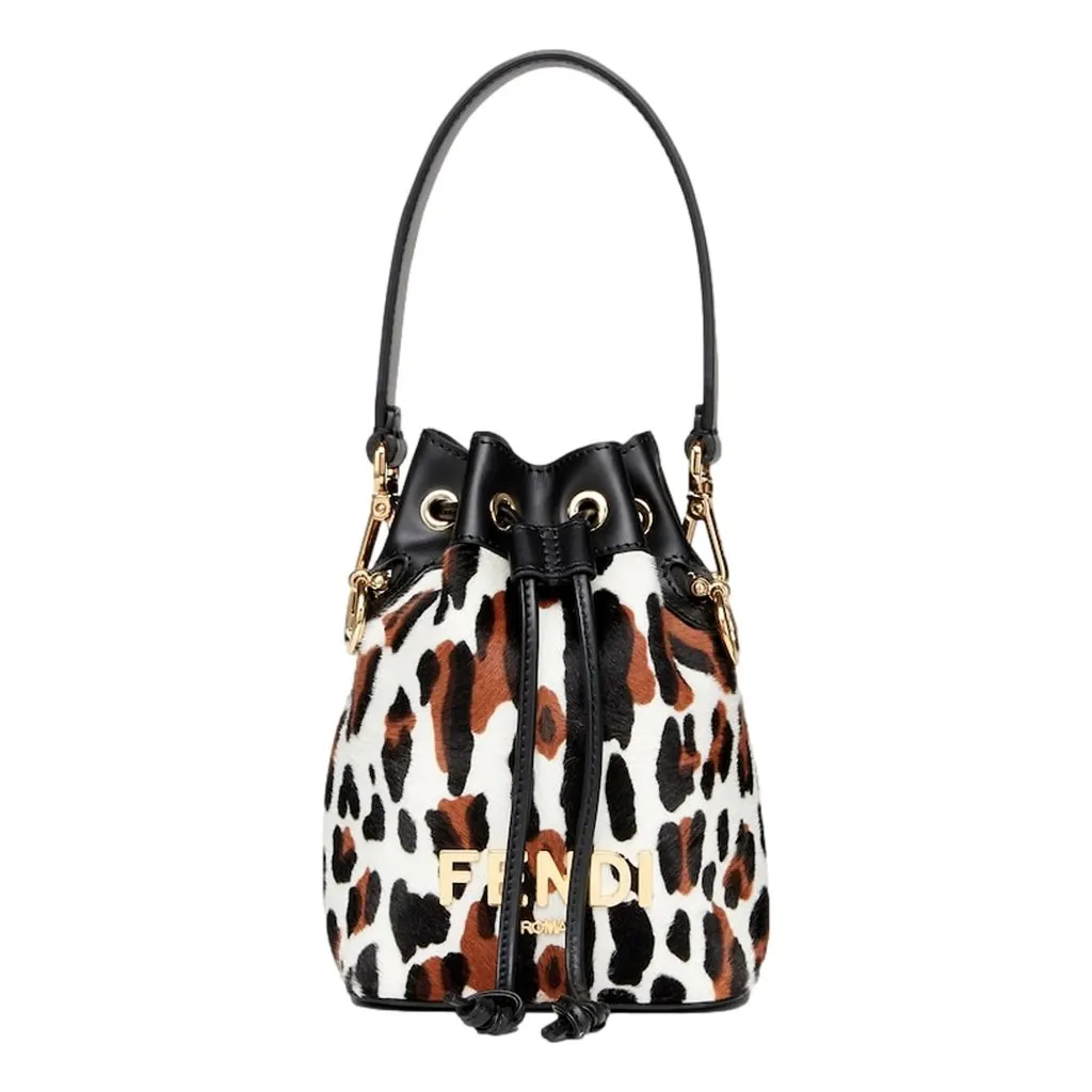 Fendi Mon Tresor Mini Bucket Crossbody Animal Print Sheepskin Bag Brown Leather Never worn - Front View