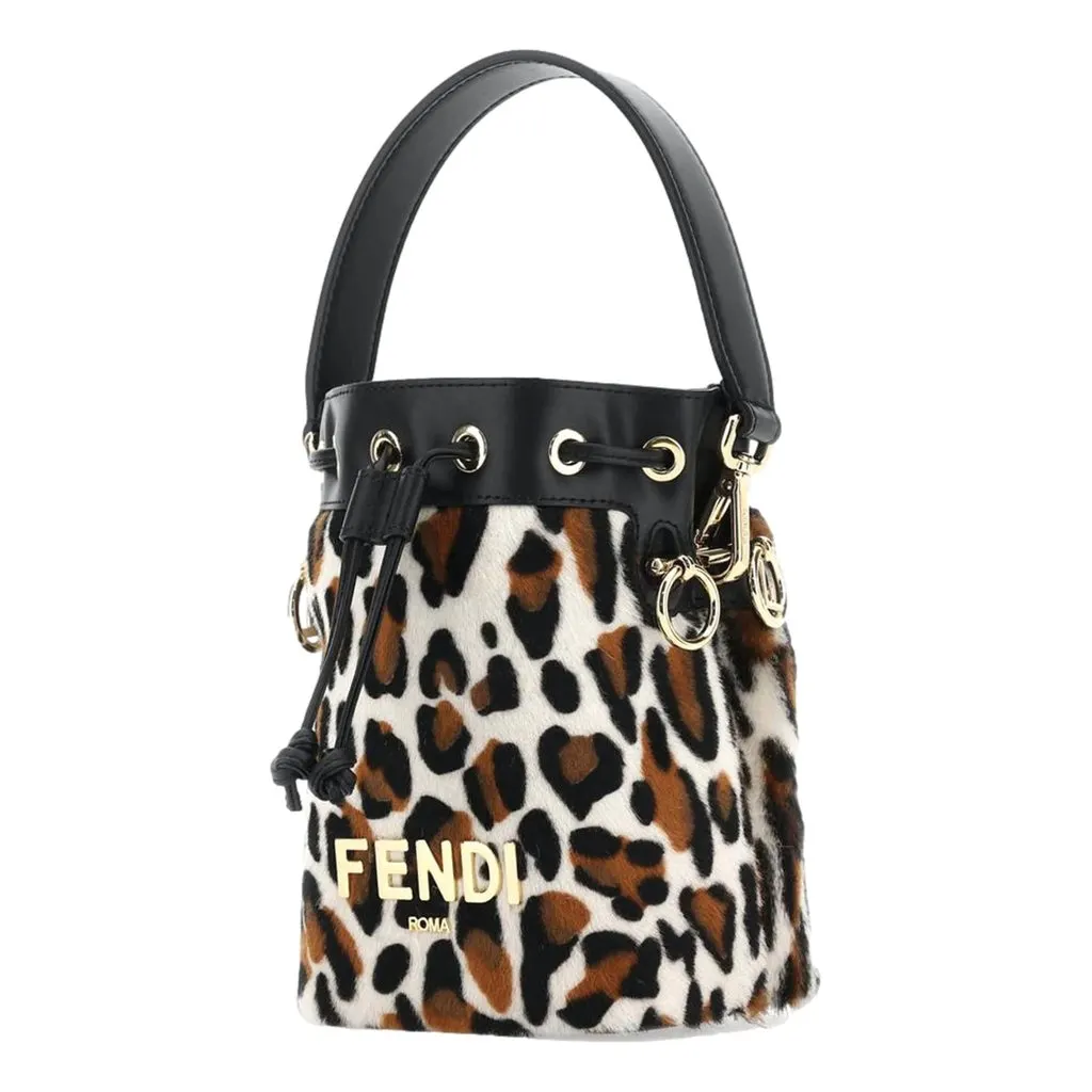 Fendi Mon Tresor Mini Bucket Crossbody Animal Print Sheepskin Bag Brown Leather Never worn - Model View