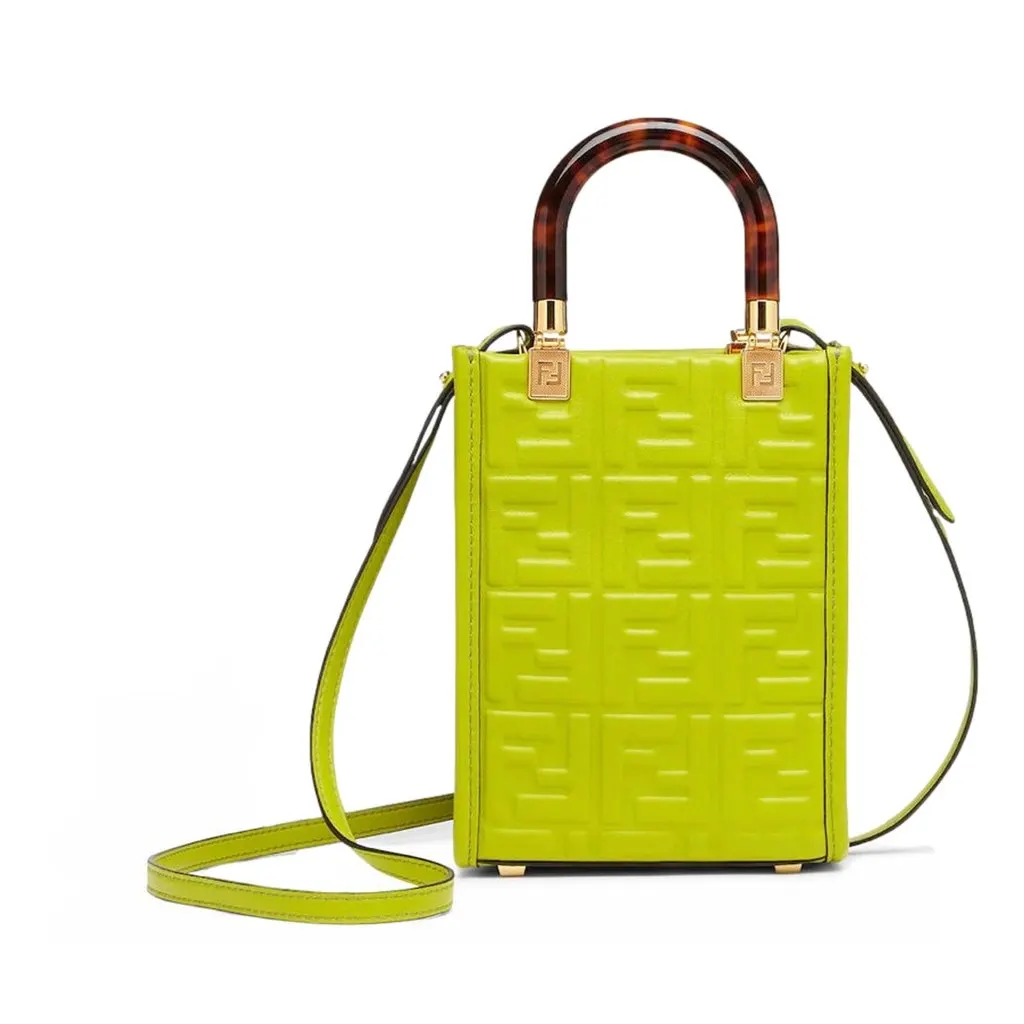 Fendi Mini Sunshine Shopper Tote Crossbody Wasabi Green Zucca Leather Green Leather Never worn - Front View