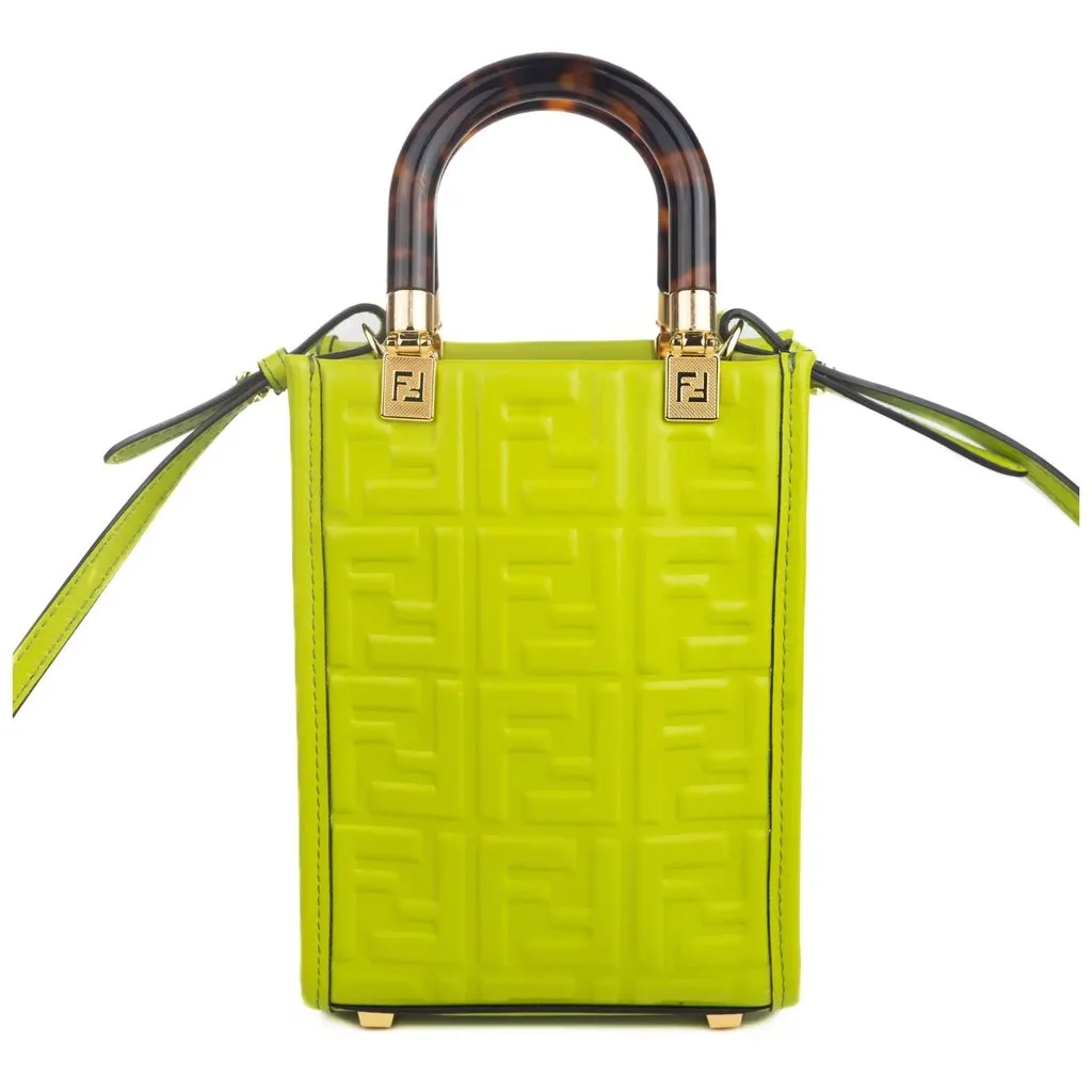 Fendi Mini Sunshine Shopper Tote Crossbody Wasabi Green Zucca Leather Green Leather Never worn - Inside View