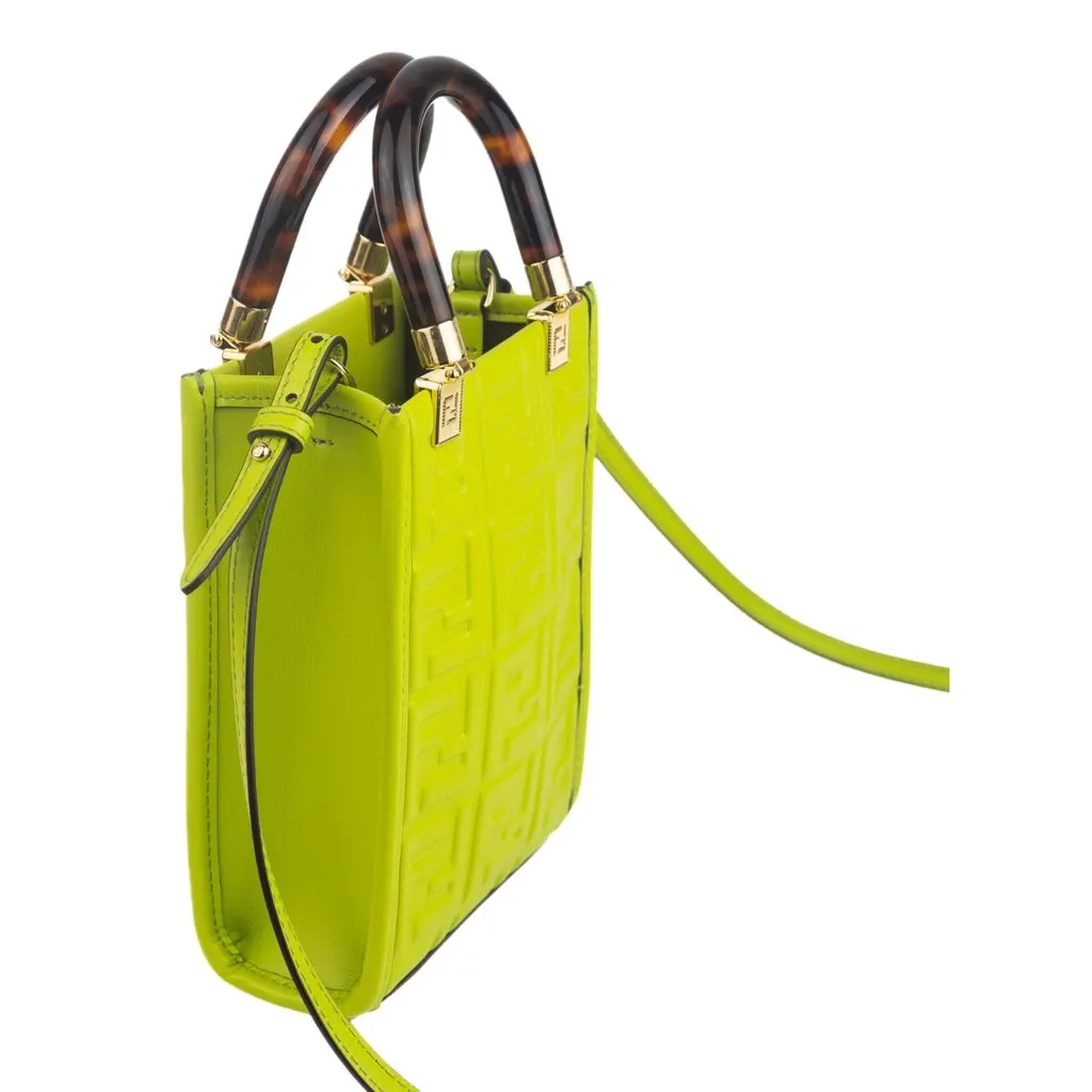Fendi Mini Sunshine Shopper Tote Crossbody Wasabi Green Zucca Leather Green Leather Never worn - Model View