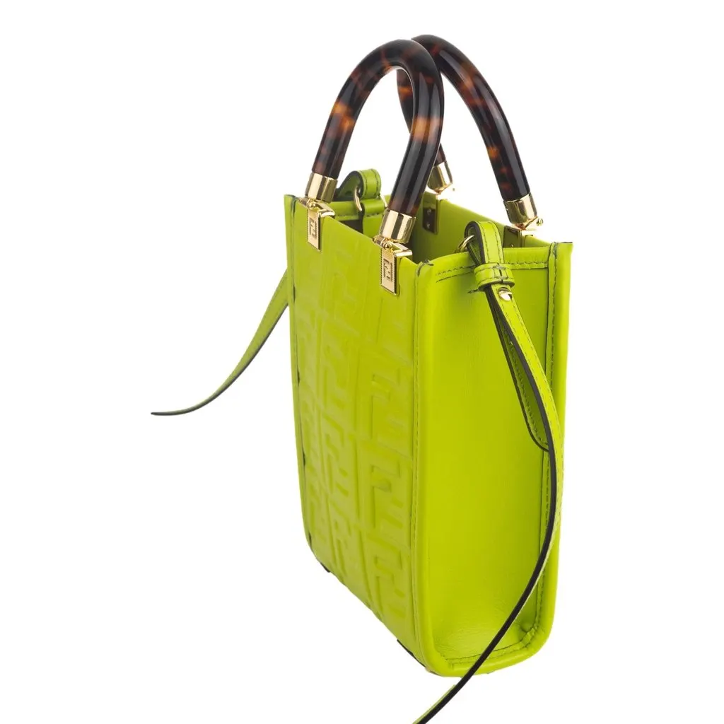 Fendi Mini Sunshine Shopper Tote Crossbody Wasabi Green Zucca Leather Green Leather Never worn - Box View