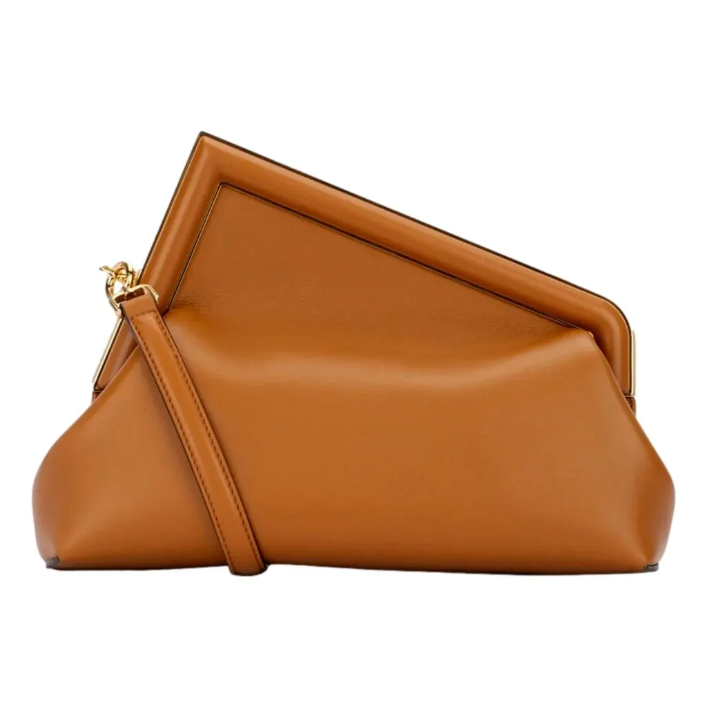 Fendi First Midi Clutch Crossbody in Caramel Brown Nappa Leather with Gold FF Logo Brown Leather Never worn - Back View