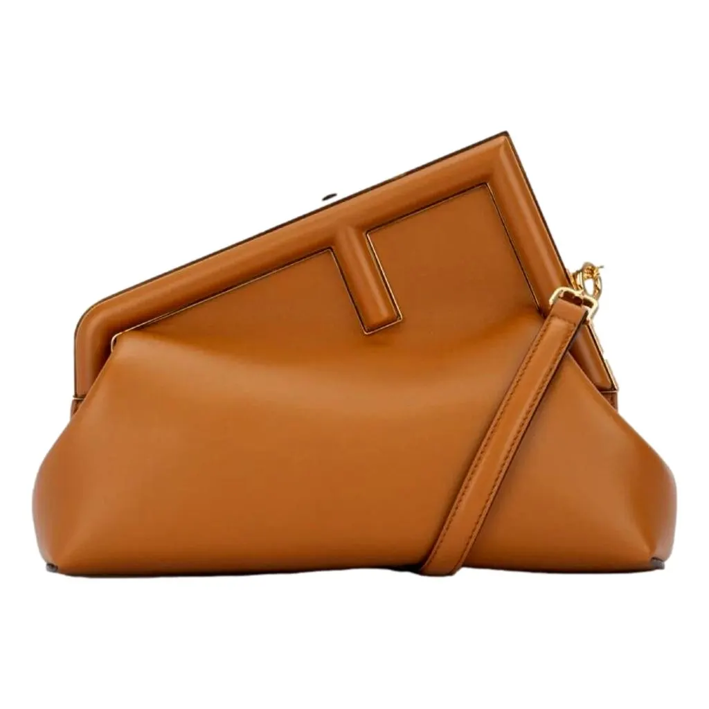 Fendi First Midi Clutch Crossbody in Caramel Brown Nappa Leather with Gold FF Logo Brown Leather Never worn - Inside View