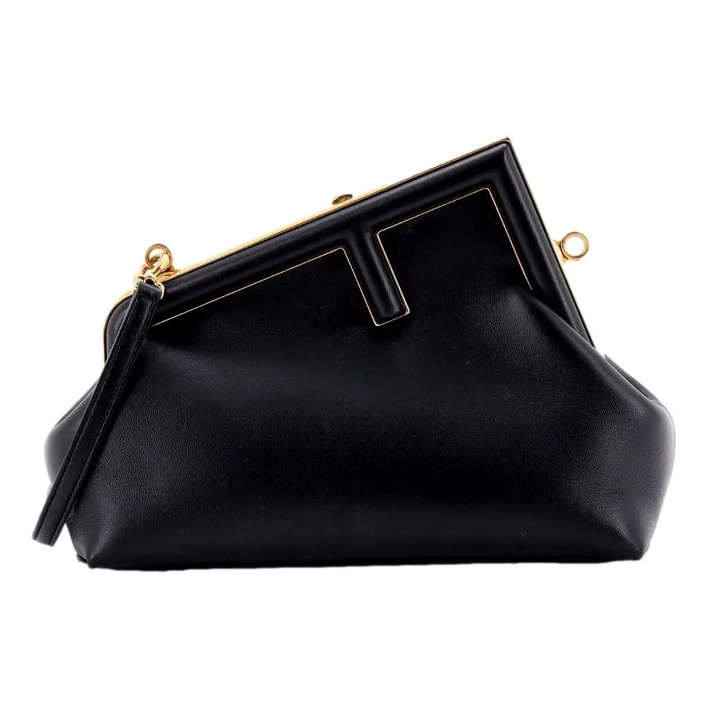 Fendi First Midi Nappa Leather Clutch Crossbody Bag Nero Black Gold FF Logo Black Leather Never worn - Front View