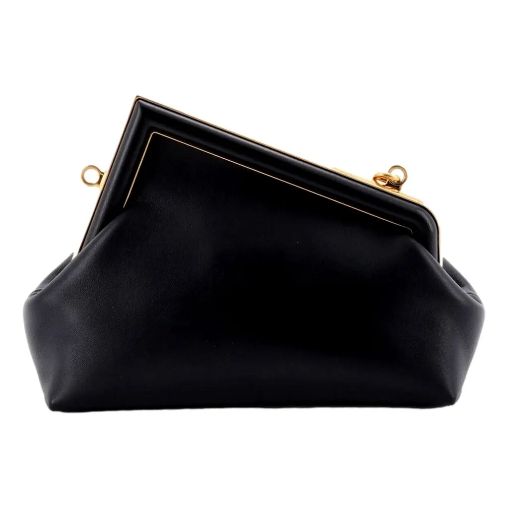Fendi First Midi Nappa Leather Clutch Crossbody Bag Nero Black Gold FF Logo Black Leather Never worn - Back View