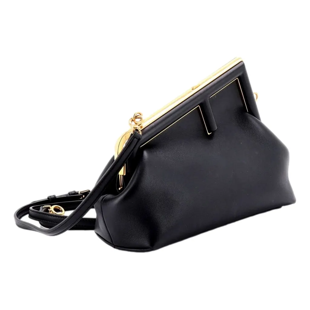 Fendi First Midi Nappa Leather Clutch Crossbody Bag Nero Black Gold FF Logo Black Leather Never worn - Inside View