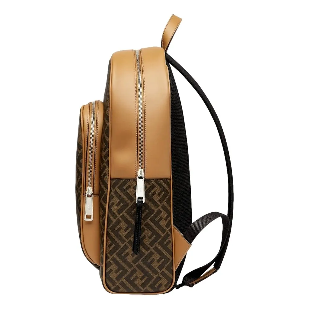 Fendi Diagonal FF Logo Backpack Black Canvas Leather Trim Brown Leather Never worn - Back View