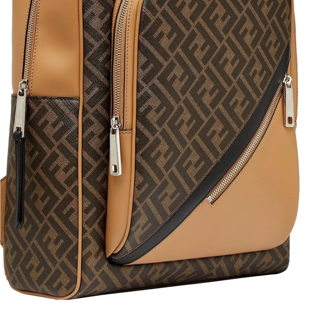 Fendi Diagonal FF Logo Backpack Black Canvas Leather Trim Brown Leather Never worn - Model View
