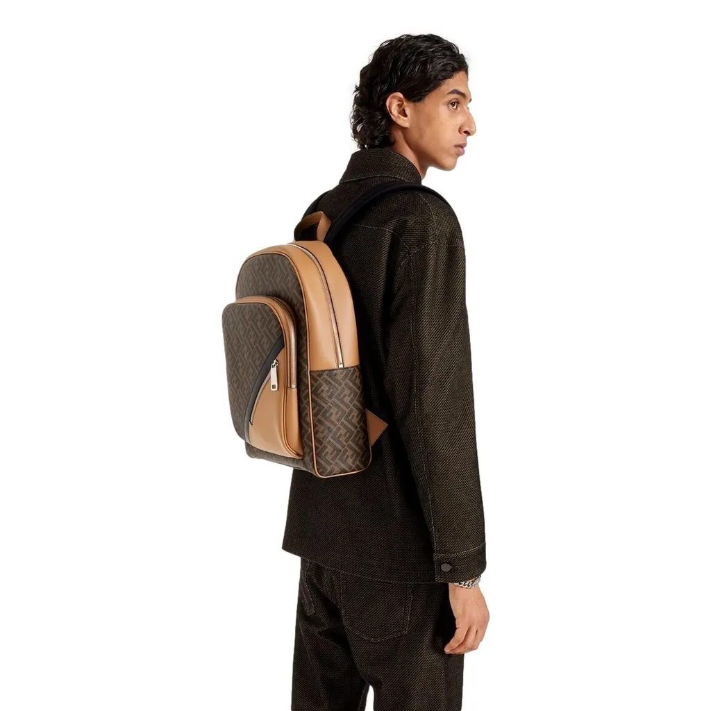 Fendi Diagonal FF Logo Backpack Black Canvas Leather Trim Brown Leather Never worn - Box View