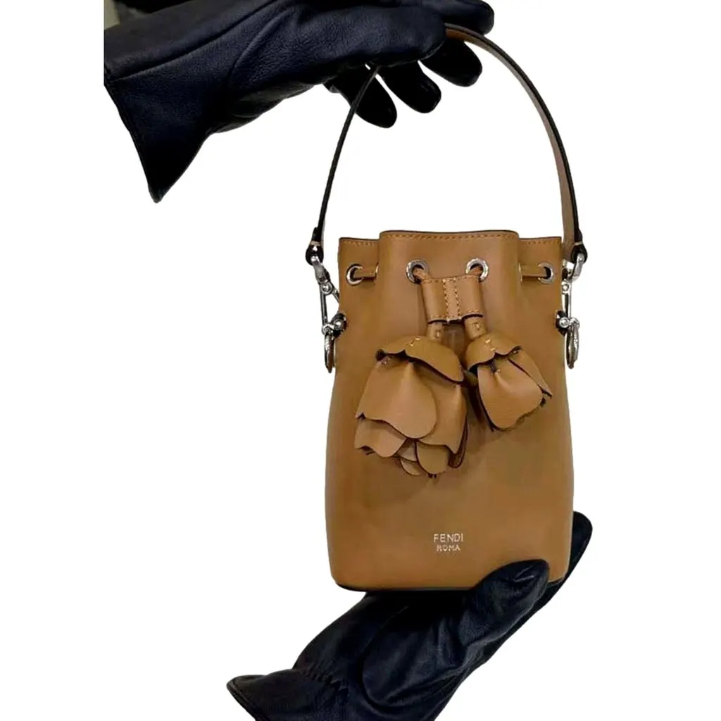 Fendi Calfskin F is 3D Flower Mini Mon Tresor Bucket Bag Brown Tan Brown Leather Never worn - Front View