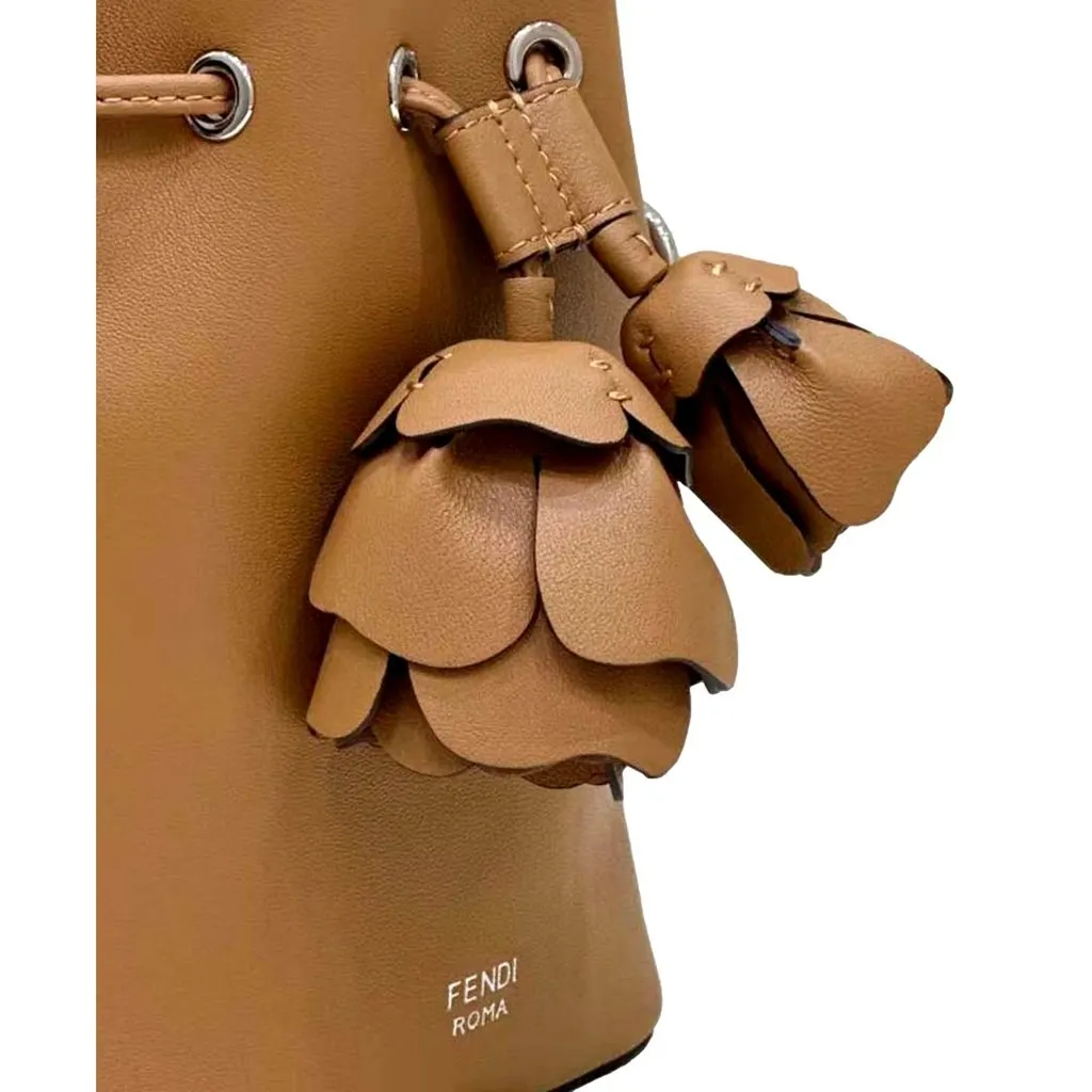 Fendi Calfskin F is 3D Flower Mini Mon Tresor Bucket Bag Brown Tan Brown Leather Never worn - Model View