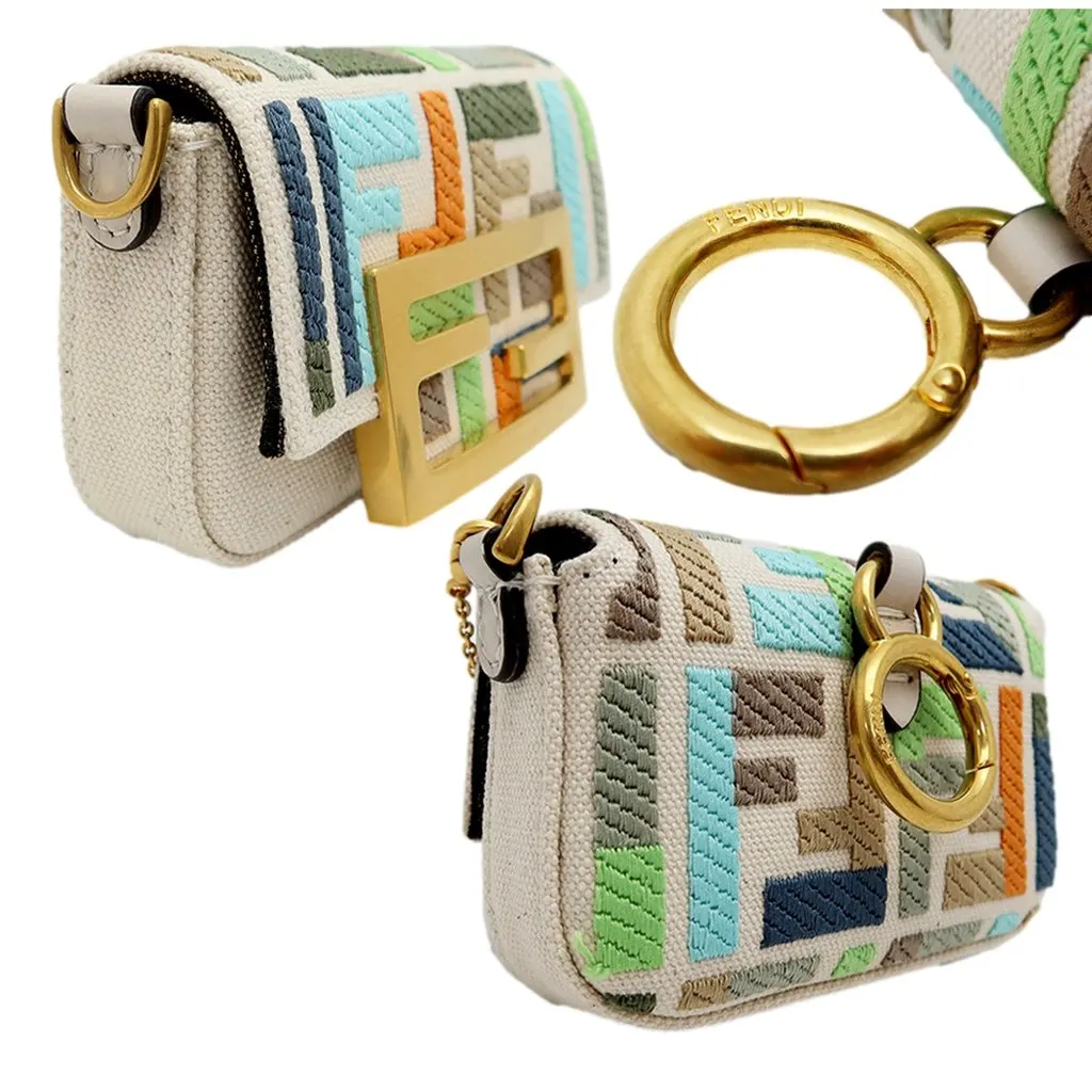 Fendi Fendi Canvas FF Embroidery Nano Baguette Charm Beige Multicolor Beige Canvas Never worn - Box View