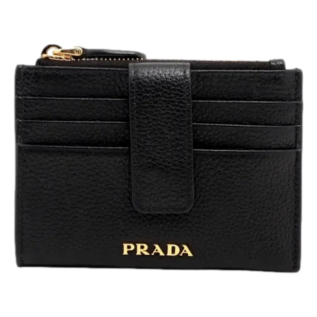Prada Womens Vitello Grain Nero Black Leather Zip Top Card Wallet Black Leather Never worn - Front View