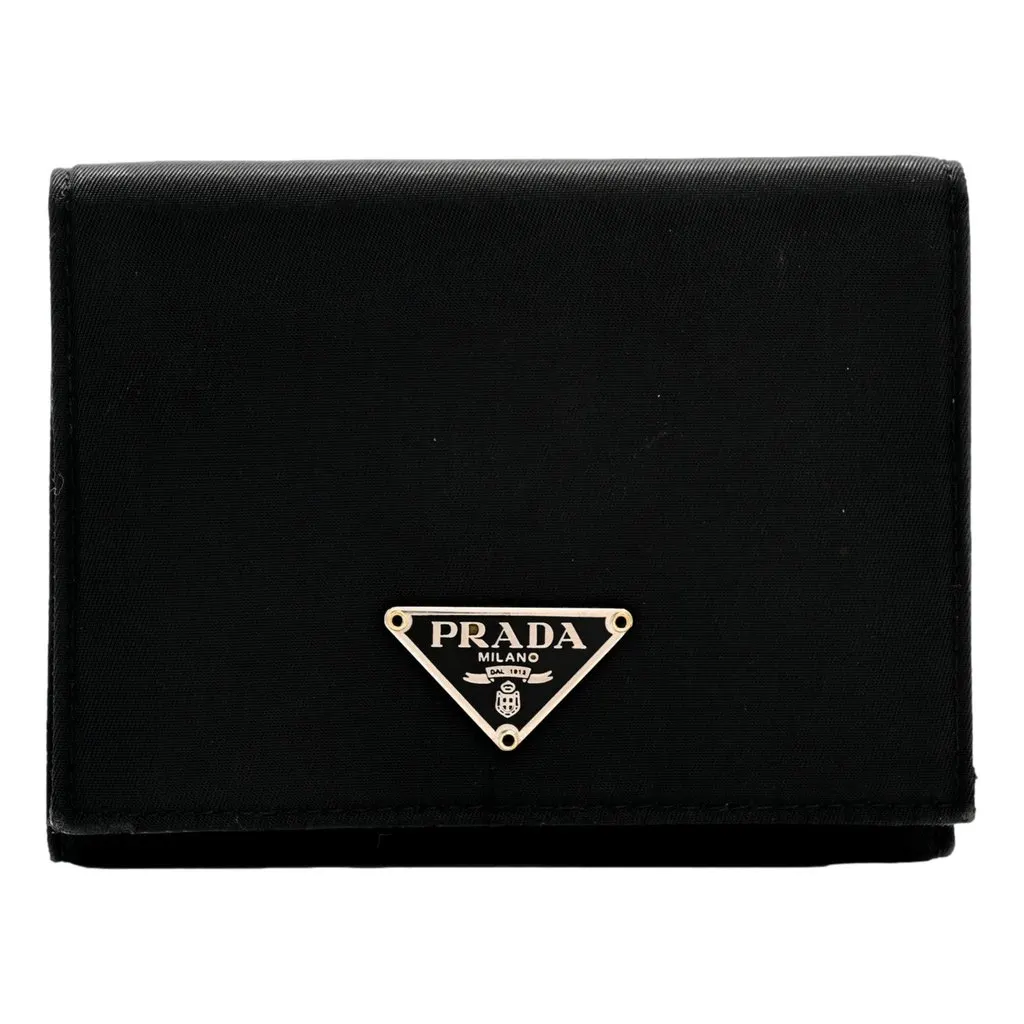 Prada Tessuto Nylon Tri-Fold Compact Wallet Black Black Leather Never worn - Front View