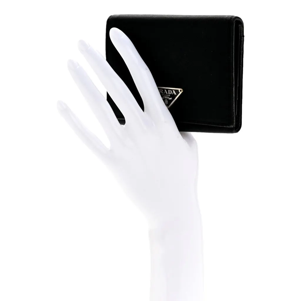 Prada Tessuto Nylon Tri-Fold Compact Wallet Black Black Leather Never worn - Box View