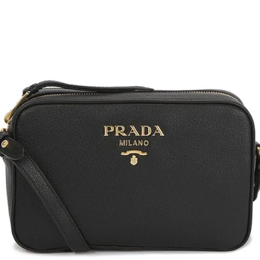 Prada Vitello Phenix Black Leather Gold Logo Camera Crossbody Bag Black Leather Never worn - Front View