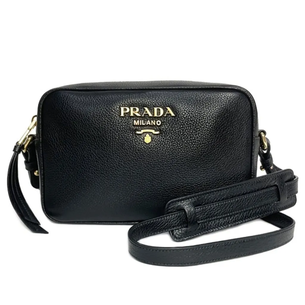 Prada Vitello Phenix Black Leather Gold Logo Camera Crossbody Bag Black Leather Never worn - Back View