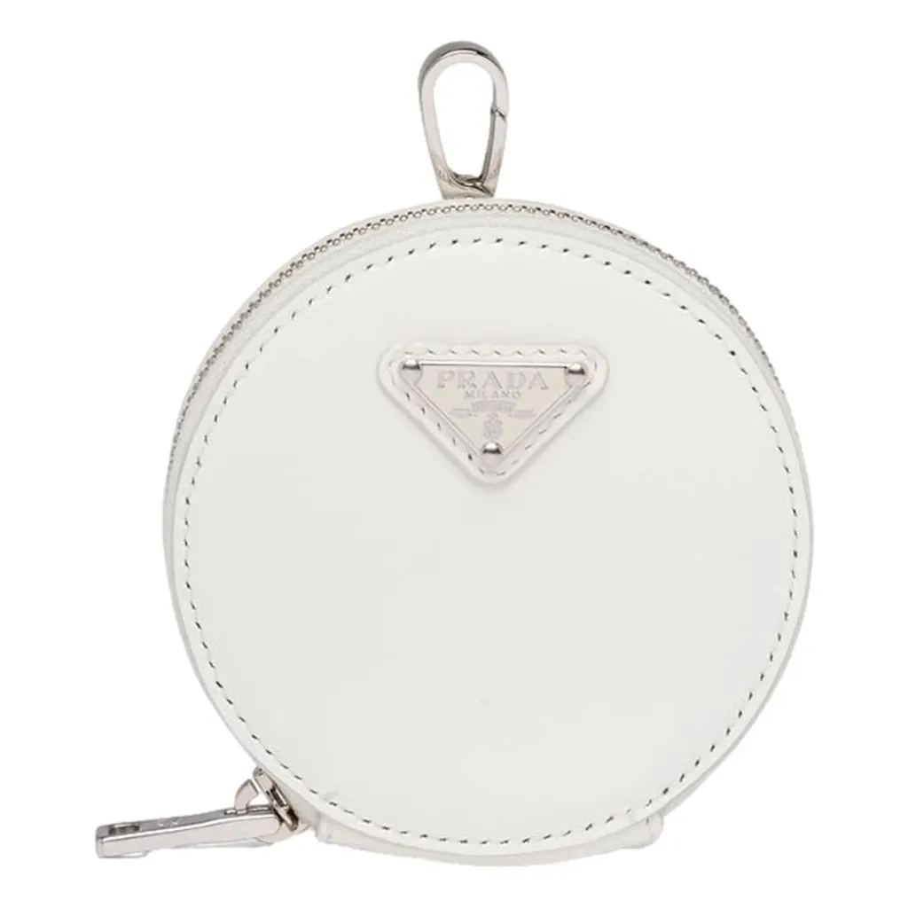 Prada Triangle Plaque Smooth White Leather Round Mini Pouch Keychain White Leather Never worn - Front View