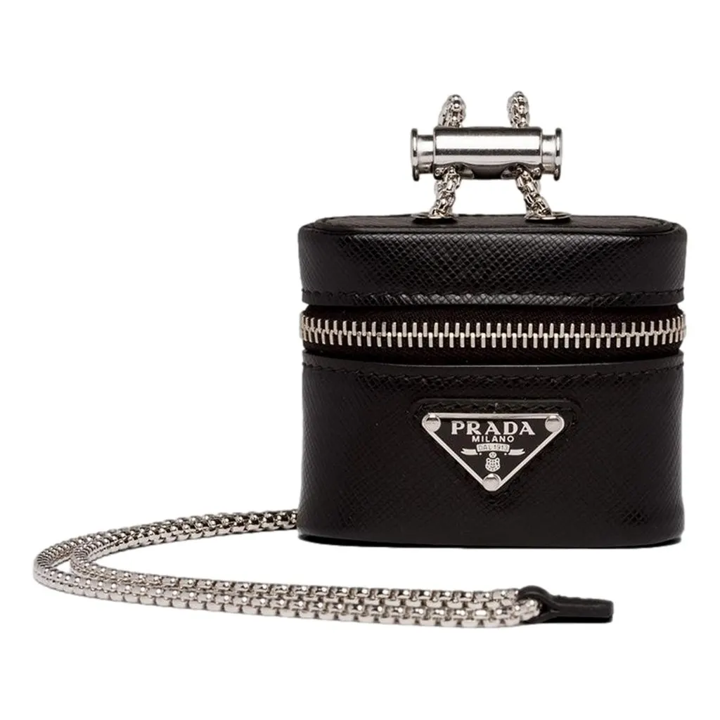 Prada Prada Triangle Saffiano Black Leather Mini Airpods Case with Chain