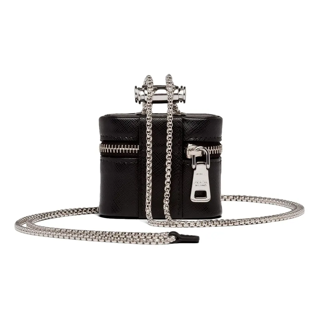 Prada Prada Triangle Saffiano Black Leather Mini Airpods Case with Chain Black Leather Never worn - Inside View