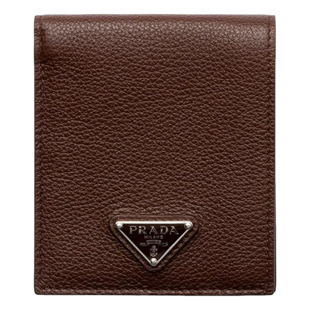 Prada Brown Vitello Daino Triangolo Leather Bifold Wallet Brown Leather Never worn - Front View