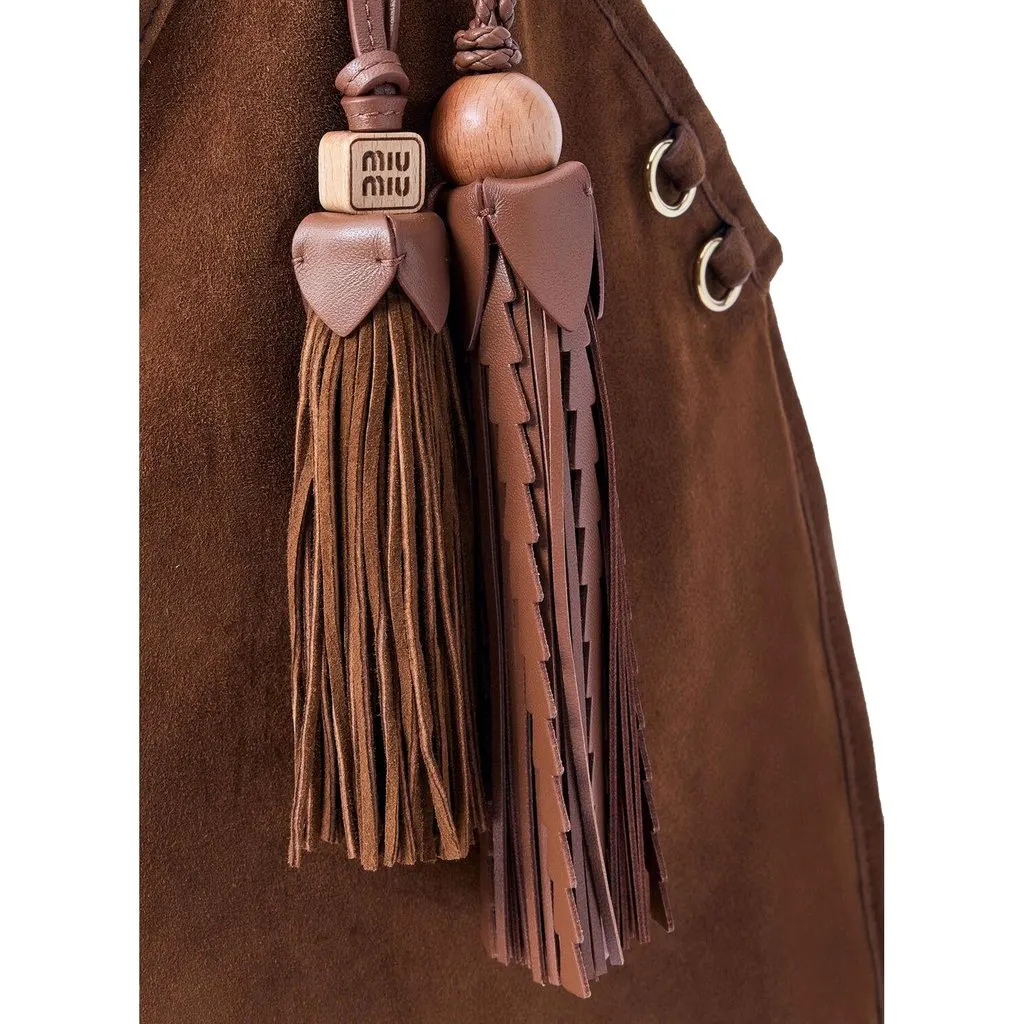 Miu Miu Mini Suede Handbag Leather Tassel Charm Moro Brown Brown Suede Never worn - Model View