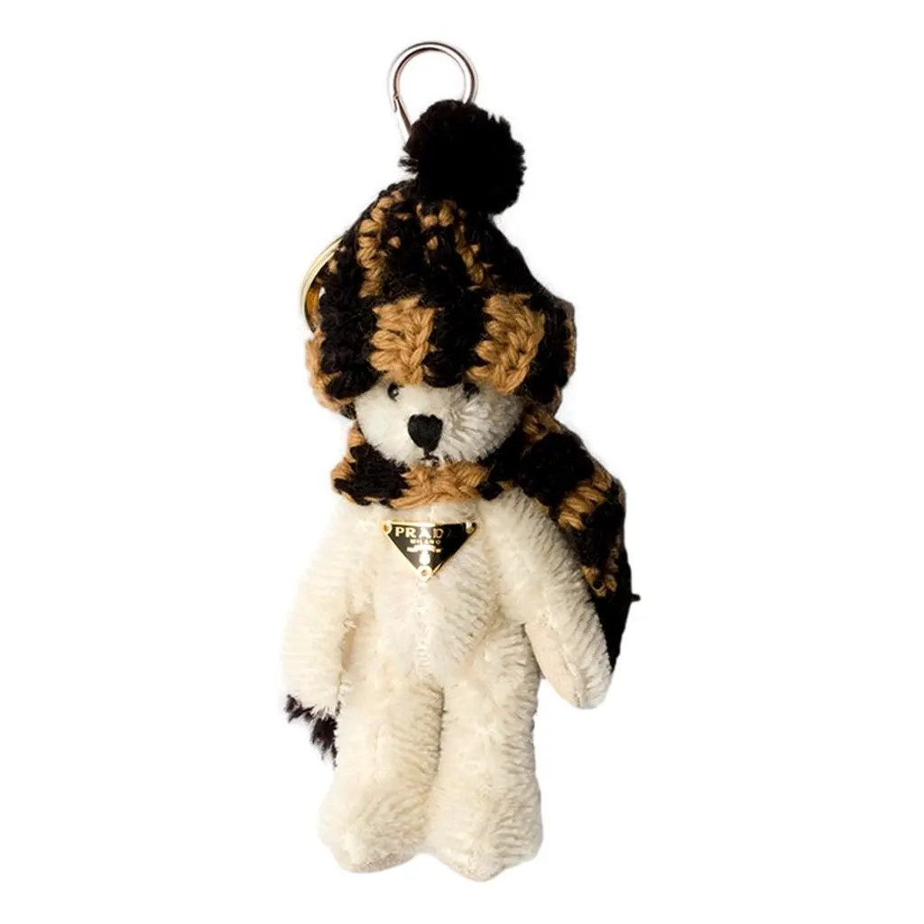 Prada Teddy Bear Cotton Mohair Bag Charm with Knit Hat White Cotton Never worn - Front View