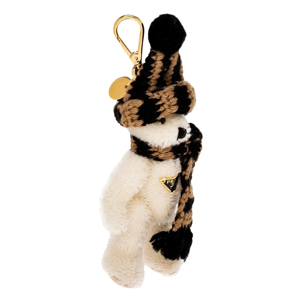 Prada Teddy Bear Cotton Mohair Bag Charm with Knit Hat White Cotton Never worn - Back View