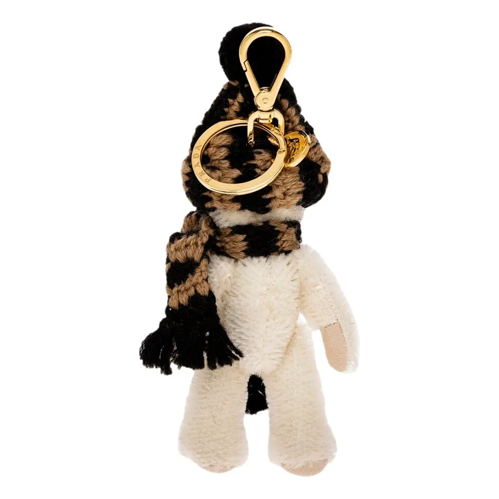 Prada Teddy Bear Cotton Mohair Bag Charm with Knit Hat White Cotton Never worn - Inside View