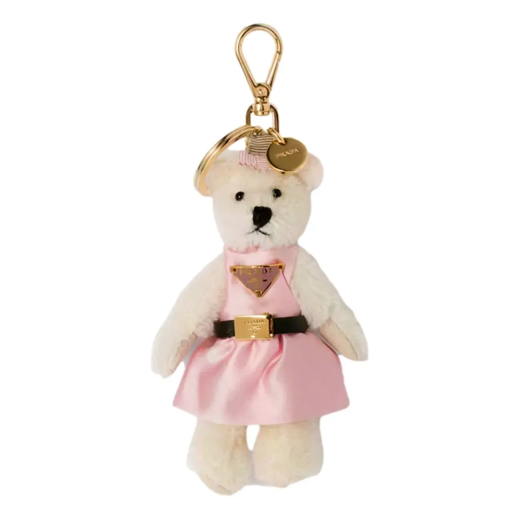 Prada Teddy Bear Cotton Mohair Bag Charm in White Pink White Cotton Never worn - Front View