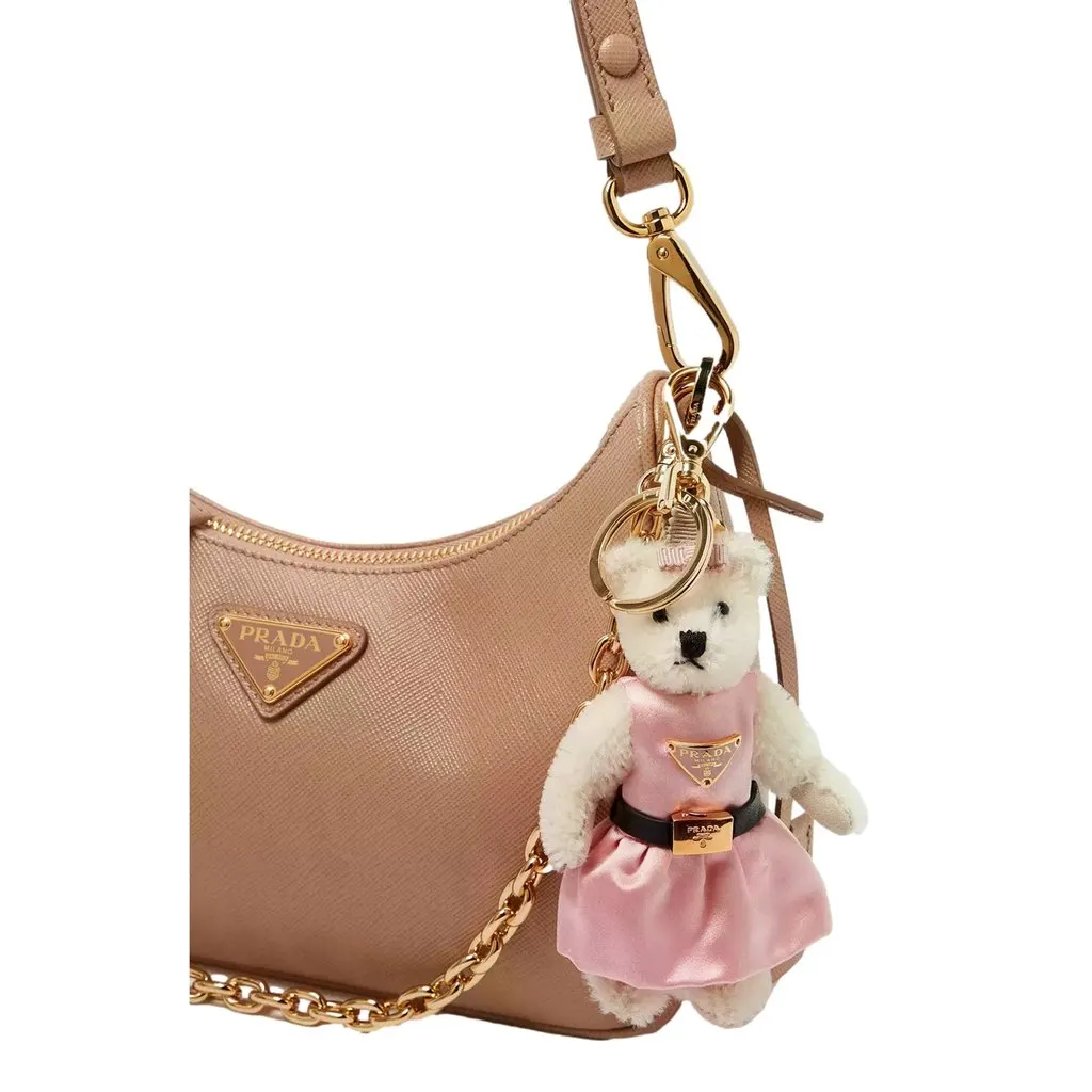 Prada Teddy Bear Cotton Mohair Bag Charm in White Pink White Cotton Never worn - Inside View